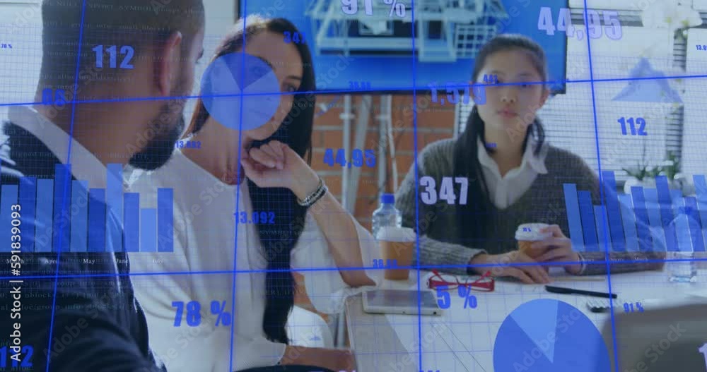 Aufkleber animation of statistical data processing against diverse colleagues discussing together at office