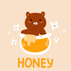 Cute bear character who is sitting in a jar of honey. Cartoon vector illustration.