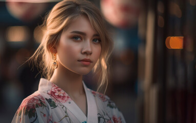 A portrait of a charming blonde girl donning a kawaii kimono, exuding beauty and cuteness, with generative AI technology