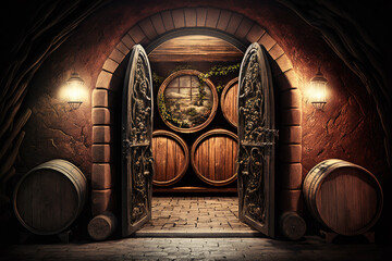 rustic dark wine cellar with wine barrels. Generative AI