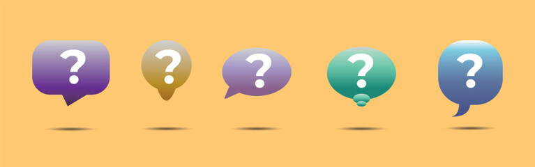 Digital colorful speech bubbles with question marks isolated on yellow background.