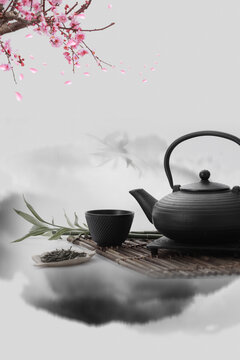 Teapot on peach blossom background