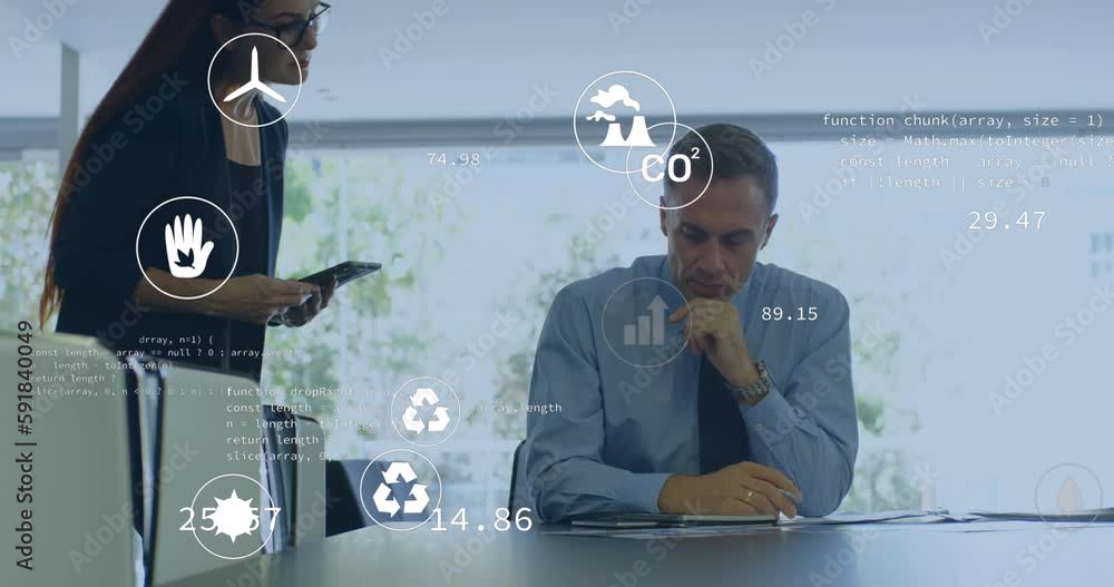 Wall mural Animation of eco icons and data processing over diverse business people in office