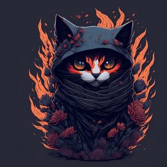 A cartoon cat with a black hoodie on his head is shown in a black and blue image created by generative AI