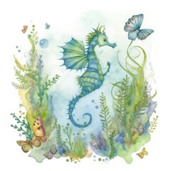 A Joyful Watercolo Seahorse Generative Ai