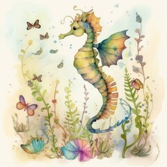 A Joyful Watercolo Seahorse Generative Ai