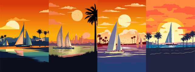 Set of bay landscape at sunset vector illustration