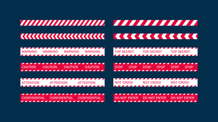 Safety ribbon symbol. Vector color illustration set. Red and black restriction line seamless tape with warning, caution, attention, confidential, not cross text. Top secret sign.