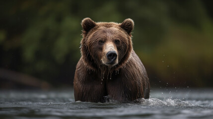 Obraz na płótnie Canvas a grizzly bear hunts for fish in the water in the wild nature. Generative AI
