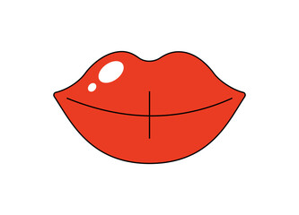 Retro pop art sexy mouth. Big plump glossy red sensual lips. Female lip with lipstick. Vintage fashion sticker print. Vector isolated eps patch