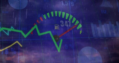 Animation of speedometer and statistical data processing against rain and clouds in the sky - Powered by Adobe
