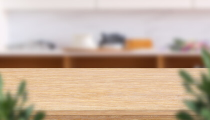 Empty white wooden table with expensive modern kitchen furniture display concept for decoration and background