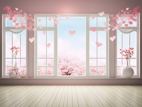 variopinto sfondo di stanza con fiori e cuoricini,  san valentino,  grande finestra  ideale per set fotografico, manipolazione digitale, sfondo maternity, creata con intelligenza artificiale