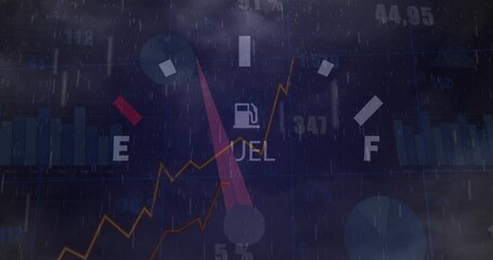 Animation of speedometer and statistical data processing against rain and clouds in the sky - Powered by Adobe