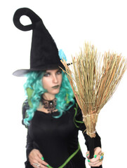 Vertical shot of the witch with the broom  on white background