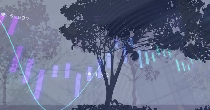 Animation of graphs with changing numbers and globe over trees in background
