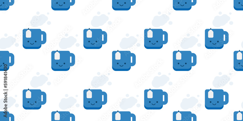Aufkleber seamless blue tea cup icons pattern on wide scale light background - design template in editable vec