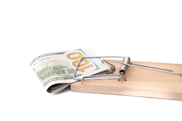 Many banknotes in mouse trap on the white background