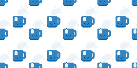 Seamless Blue Tea Cup Icons Pattern on Wide Scale Light Background - Design Template in Editable Vector Format