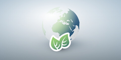 Blue Global Eco World Concept, Graphic Design Layout - Green Leaves and Earth Globe, Vector Template on Wide Scale Gradient Background