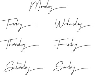 Days of the week black text. Days of the week handwritten black text. Monday, tuesday, wednesday, thursday, friday, saturday, sunday handwritten black text. 