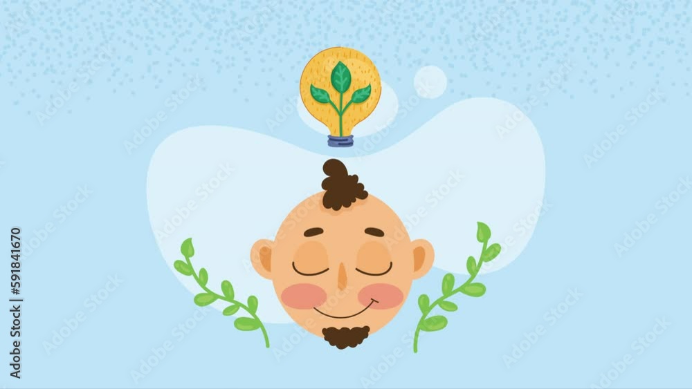 Poster man with bulb light idea animation