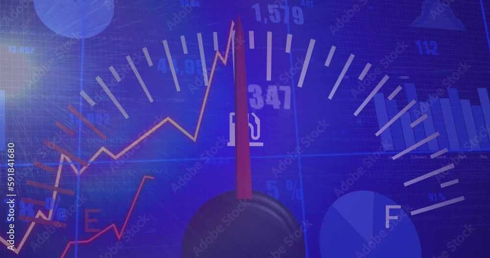 Poster animation of speedometer and statistical data processing against light spot on blue background