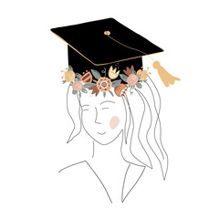 Cute girl silhouette in graduation cap decorated with doodle flower wreath. Happy graduate student. Scandinavian and continuous line style. Vector isolated illustration