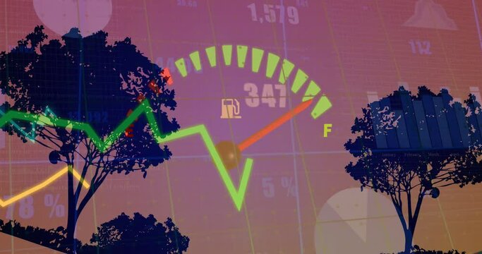 Animation of speedometer and statistical data processing over silhouette of trees against sunset sky