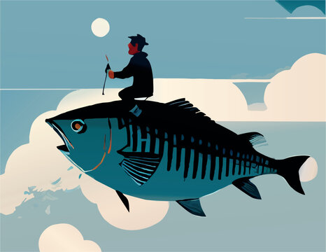 A man riding a giant fish in the sky. Fantasy vector illustration