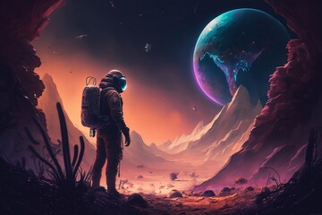 Astronaut Discovering a New Planet with Mysterious Terrain, Generative Ai