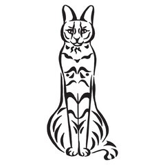 illustration of a sitting stripes cat isolated. Stylized savannah cat linear drawing. Cat silhouette drawing by hand. Vector image. Tattoo design.