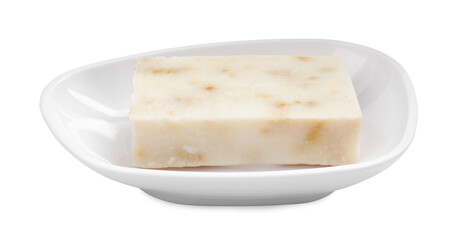 Holder with soap bar on white background