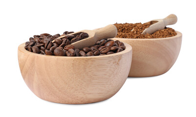 Bowls with instant coffee and roasted beans on white background