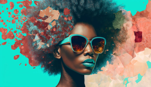 Image Generated AI. Mix colorful  portrait of a afroamerican woman with sunglasses