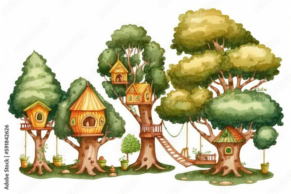 Poster houses built on top of trees in a forest. generative ai