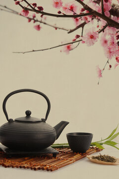 Teapot on peach blossom background