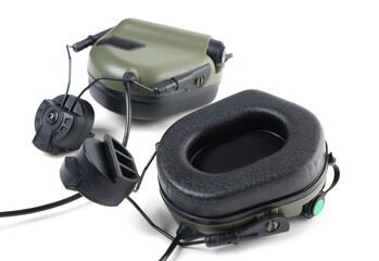 Tactical headphones on white background. Military training equipment
