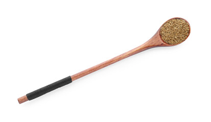 Spoon of celery seeds isolated on white, top view