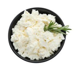 Delicious tofu cream cheese with rosemary in bowl isolated on white, top view