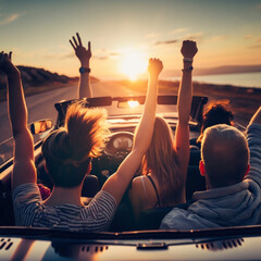 Group of friends in a convertible car. Generative AI.