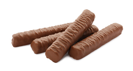 Sweet tasty chocolate bars on white background