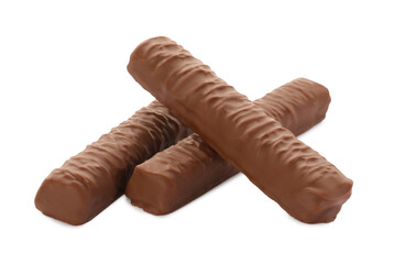 Sweet tasty chocolate bars on white background
