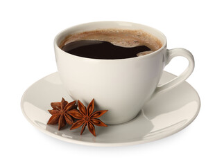 Cup of aromatic coffee with anise stars on white background