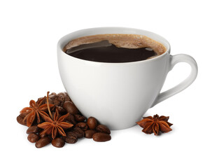 Cup of aromatic coffee with anise stars and beans on white background