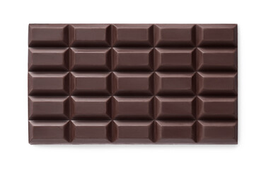 Delicious dark chocolate bar isolated on white, top view