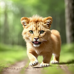 Naklejka na ściany i meble Cute and adorable little lion in forest. Generative AI