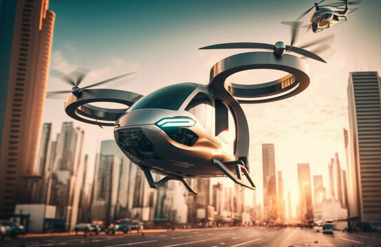 Future of urban air mobility, city air taxi, UAM urban air mobility, Public aerial transportation, Passenger Autonomous Aerial Vehicle AAV in futuristic city, Generative AI