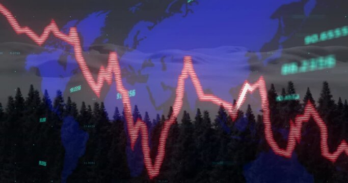 Animation of numbers and red graph over world map against aerial view of forest