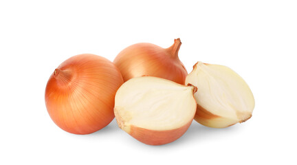 Whole and cut onions on white background